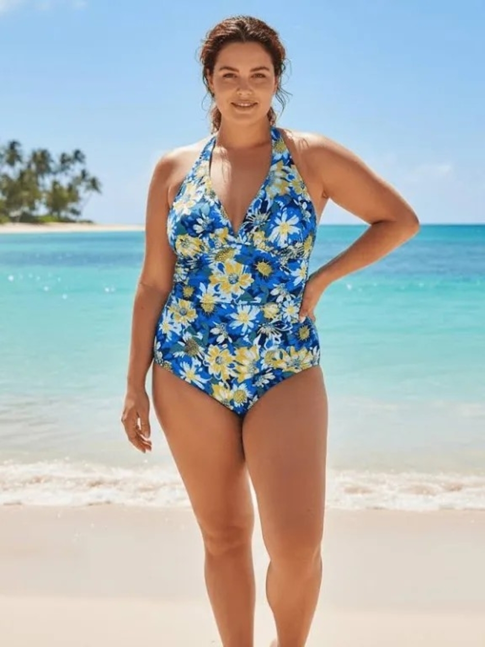 Adore Me Monroe One Piece Swimsuit Blue Yellow Floral Plunging Halter V-Neck 3X
